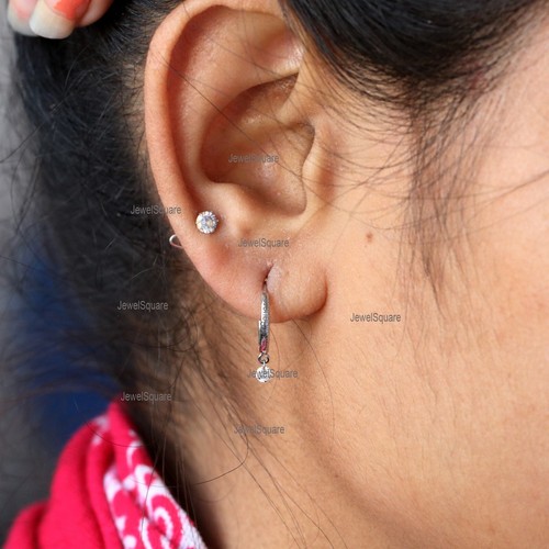 Solitaire Natural Diamond Drop Hoops Earrings 14kWhite Gold Wedding Gift Jewelry - Picture 3 of 5