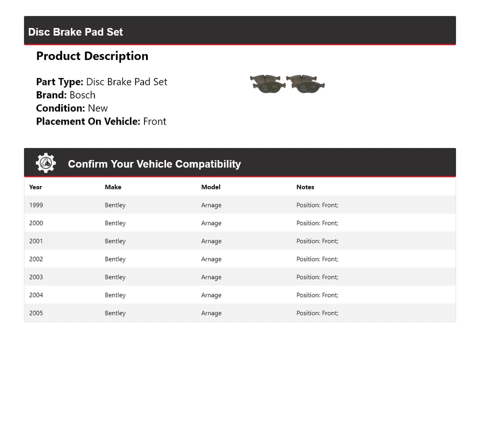 适用于 1999 - 2005 年宾利 Arnage Bosch EuroLine 刹车片 2000 2001 2002 2003 — 第 2/4 张图片