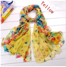 Women Girl Long Floral Flowers Crinkle Scarf Wrap Voile Stole Shawl 20x60 Yellow