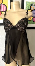 Fantasies by Morgan Taylor Sz M Black Sheer Babydoll Nightie Sequins Padded  xcb
