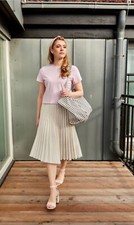 Uniqlo Size L 14 Skirt Pencil Beige Pleated High Waist Midi A Line Elastic Waist