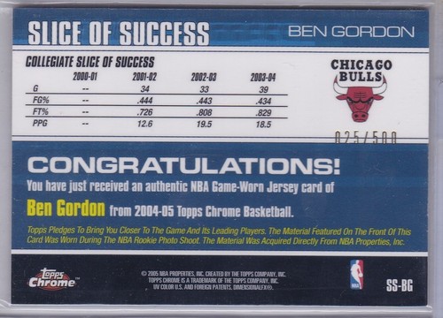 Ben Gordon 2004-05 TOPPS CHROME Jersey Card #SS-BG - #/500 - Picture 2 of 2