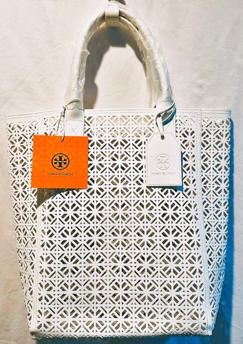 Bolso de Mano de Playa TORY BURCH Blanco Corte Láser Charol Imitación Cuero Shopper Nuevo con Etiquetas - Imagen 12 de 14