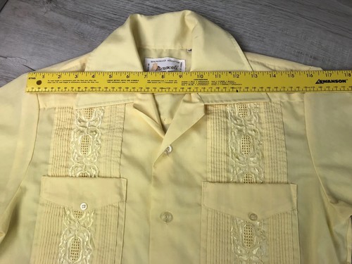 Vintage Mexican Wedding Shirt Mexacali 70s Yellow Permanent Press Mens S 14-14.5 - Picture 10 of 12