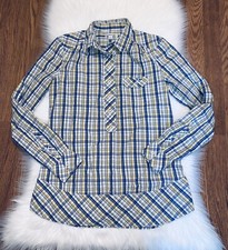 Lacoste Size 38  Long Sleeve 1/2 Button Up Collar Yellow Blue Plaid Shirt Roll