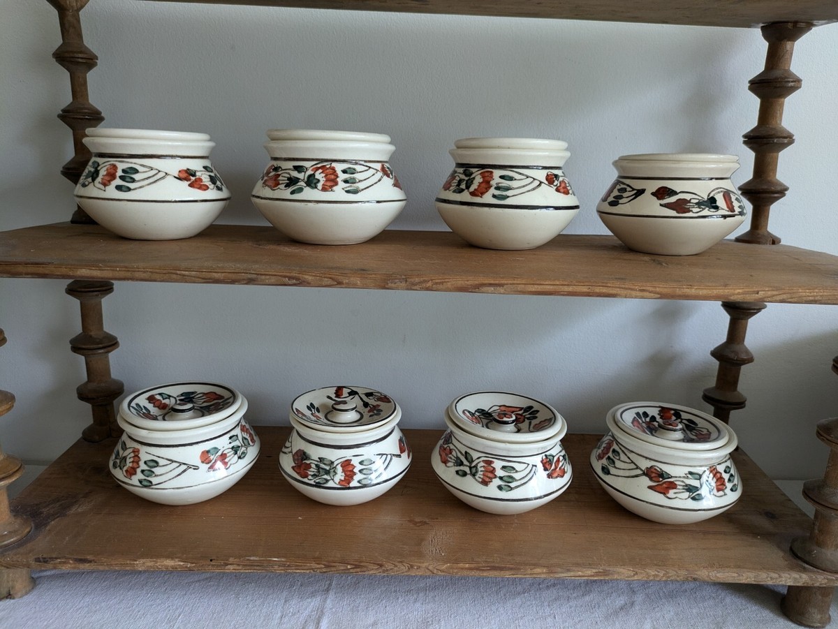 x Vintage Boho Ceramic spice Jars with Lids Patterned Pots