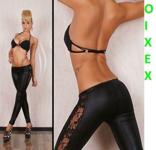 Leggings Nero Effetto Pelle Inserti In Pizzo Sexy Fuseaux Hot Pantacollant  Tg S | eBay