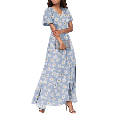 Womens Chiffon Ruffle Short Sleeve Maxi Floral Dresses Summer