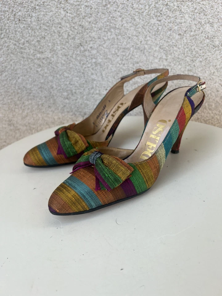 Zapatos de tacón de colección de tela a rayas con lazo y correa talla 7 N DeLiso Foto 4 de 4