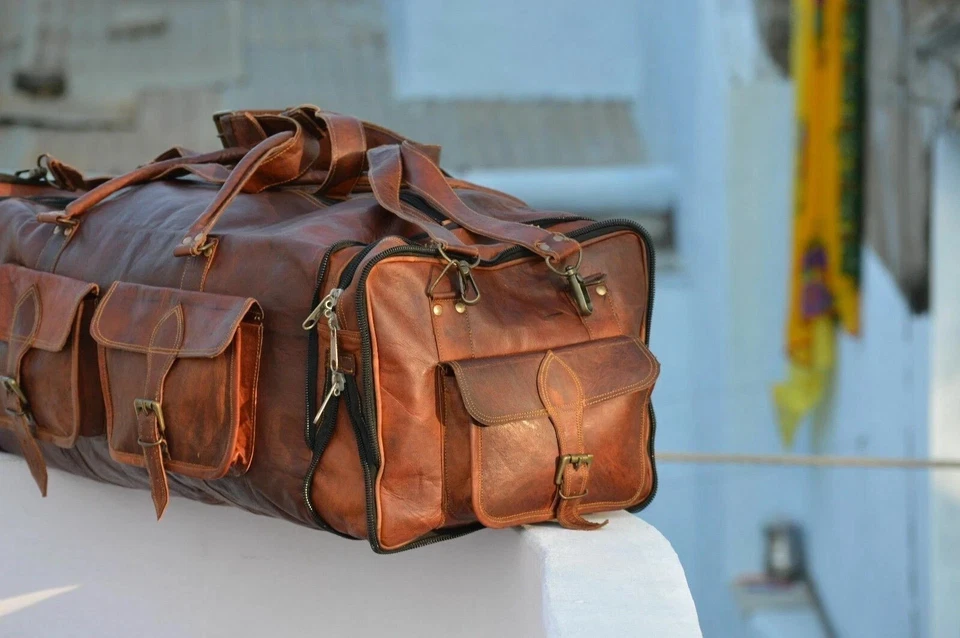 Bolso de Viaje de Cuero Grande para Pasar la Noche Equipaje de Lona Fin de Semana De Colección Cabra Genuino Foto 4 de 4