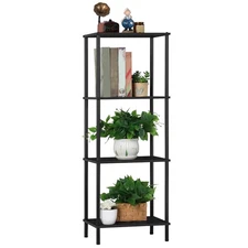 Narrow End Table Tall Black Side Table 4 Tier Wooden Metal Modern Plant Flowe...