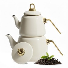 Emaille Teekanne Set 1L+2L Caydanlik Induktion Türkischer Tee Teekocher Retro