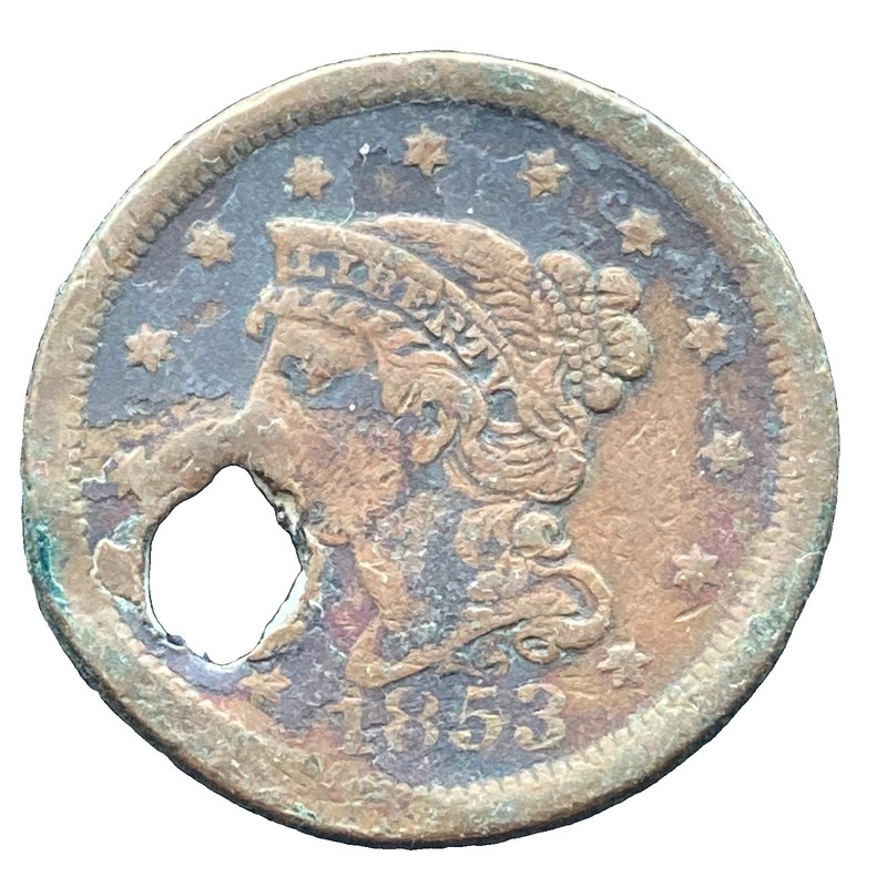 1853 Braided Hair Large One Cent. COIN HAS A HOLE IN IT SEE PHOTO  ~   FREE S&H.