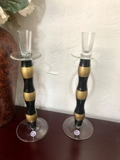 Vtg. Hand Blown Romanian Holder Set Of 2 Blackgold Striped Glass 14