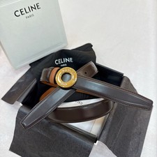 Classic Celine 90CM Brown Leather Belt Round Gold Buckle