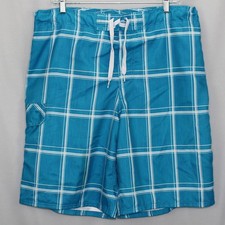 OP Men's Large Sz 36-38 Swim Shorts Turquoise and White Plaid