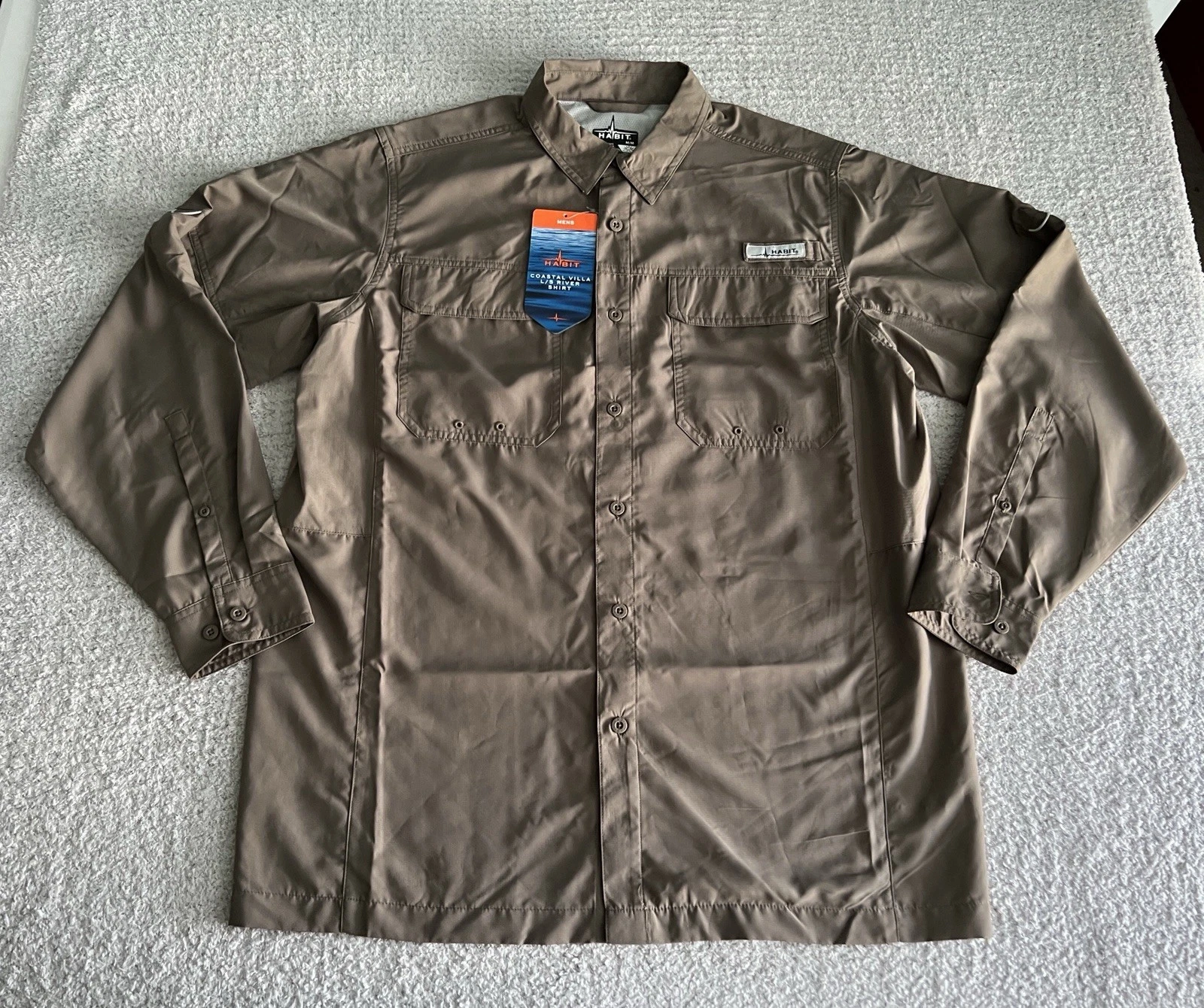 Habit Button Up River Shirt Men’s Sz Medium Brown Vented Fishing UPF Wicking