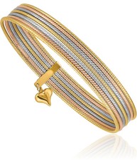 14K Solid Dangling Heart Tri Color Gold Set of 7 Slip On Bangle Bracelet