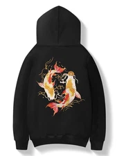 Niepce Men's Japanese Streetwear Sweatshirt Golden Koi Fish Embroidered Hoodie
