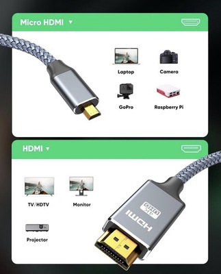 4K Micro HDMI to HDMI Cable Adapter, Exclusive Aluminum Alloy Shell/Nylon 6ft