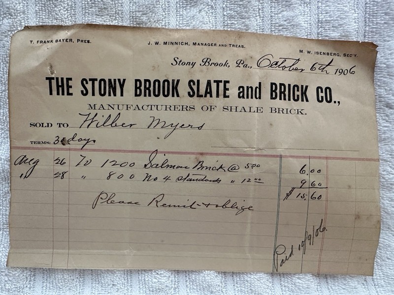 Stony Brook, York County, PA - Slate & Brick Co. Billhead 1906