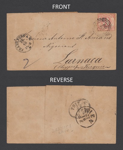 1865 THURN & TAXIS GERMANY COVER 3K TO CYPRUS AUSTRIAN POST, UNIQUE, LARNACA H/S