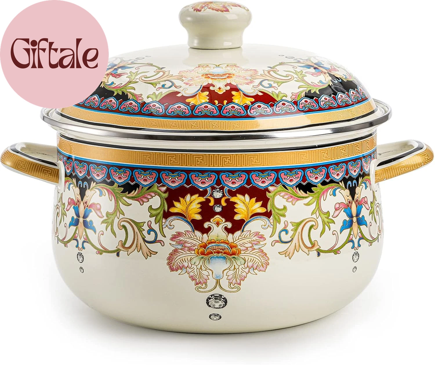 4.5 Quart Enamel Stockpot with Lid Retro Floral Cooking Stew Pot