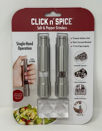 New Click N Spice Salt and Pepper Grinder Set, Spice Grinders/Mill W/Base
