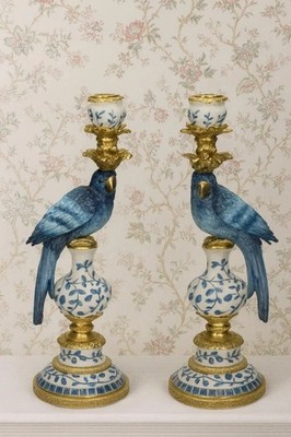 (Pair) Blue White Parrot Candle Holder Hollywood Regency Bird Decor Set 40cm