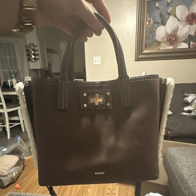 DKNY Brown Satchel Top Handle Bag Shearling Trim Turn Lock Accent