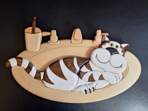 Wood Wall Sculpture "Cat in a Sink" Intarsia I-212 Judy Gale Roberts DAMAGE-READ