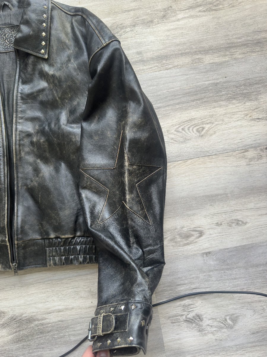 vintage leather bomber jacket men brown black y2k medium lox and chain 100% pure View 3