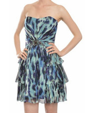 Y2K Blue Purple Leopard Animal Print Strapless Ruffle Cocktail Hoco Dress Size 2