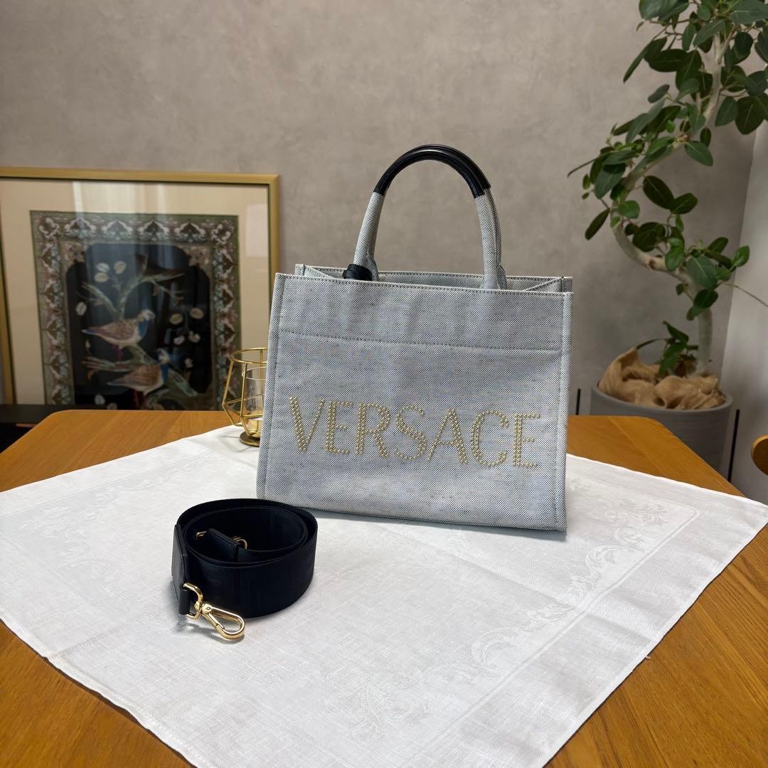 Versace 2Way Canvas Handbag with Studded Logo & Medusa Charm, Used