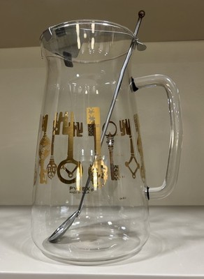 Rare Vtg MCM Pyrex Pitcher Cocktail Drinks Gold Skeleton Key Pattern Lid & Stir