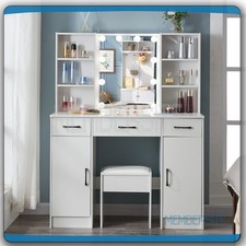 Vanity Table Makeup Dressing Desk Set With LED Mirror 5 Drawers And Stool Shelf