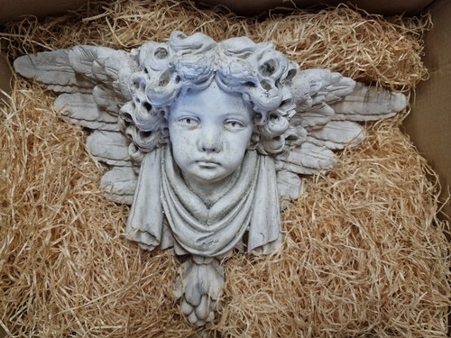 Large Vintage Plaster Winged Cherub Angel Head Wall Shelf, Baroque Style