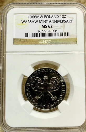 Poland 1966 MW 10 Złotych NGC MS62 Very Low Mintage Warsaw Ann.  Small Column