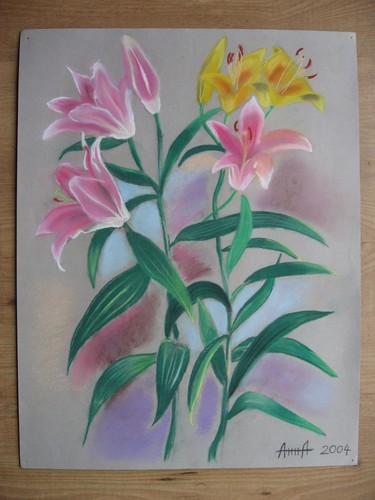 Study Of Pink And Yellow Lily Flowers, Original Pastel Drawing - Picture 2 of 2