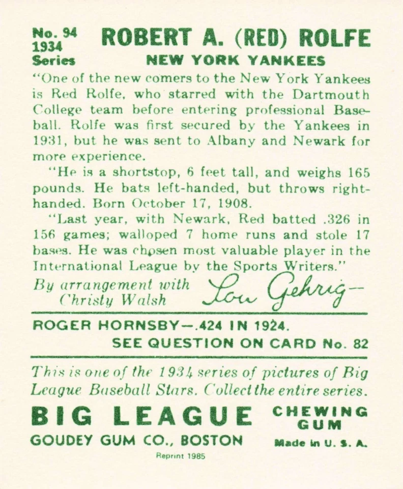 1985 Big League Chewing Gum 1934 Reprints Red Rolfe New York Yankees #94 - Image 2 of 2