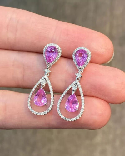 Pear Cut 4.10Ct Natural Pink Sapphire & Diamond Earring Stud 14K Real White Gold - Picture 4 of 6