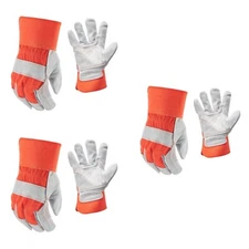 (3 PAIR) Firm Grip 65032 Suede Double Leather Palm Gloves Orange Gray- Large (L)