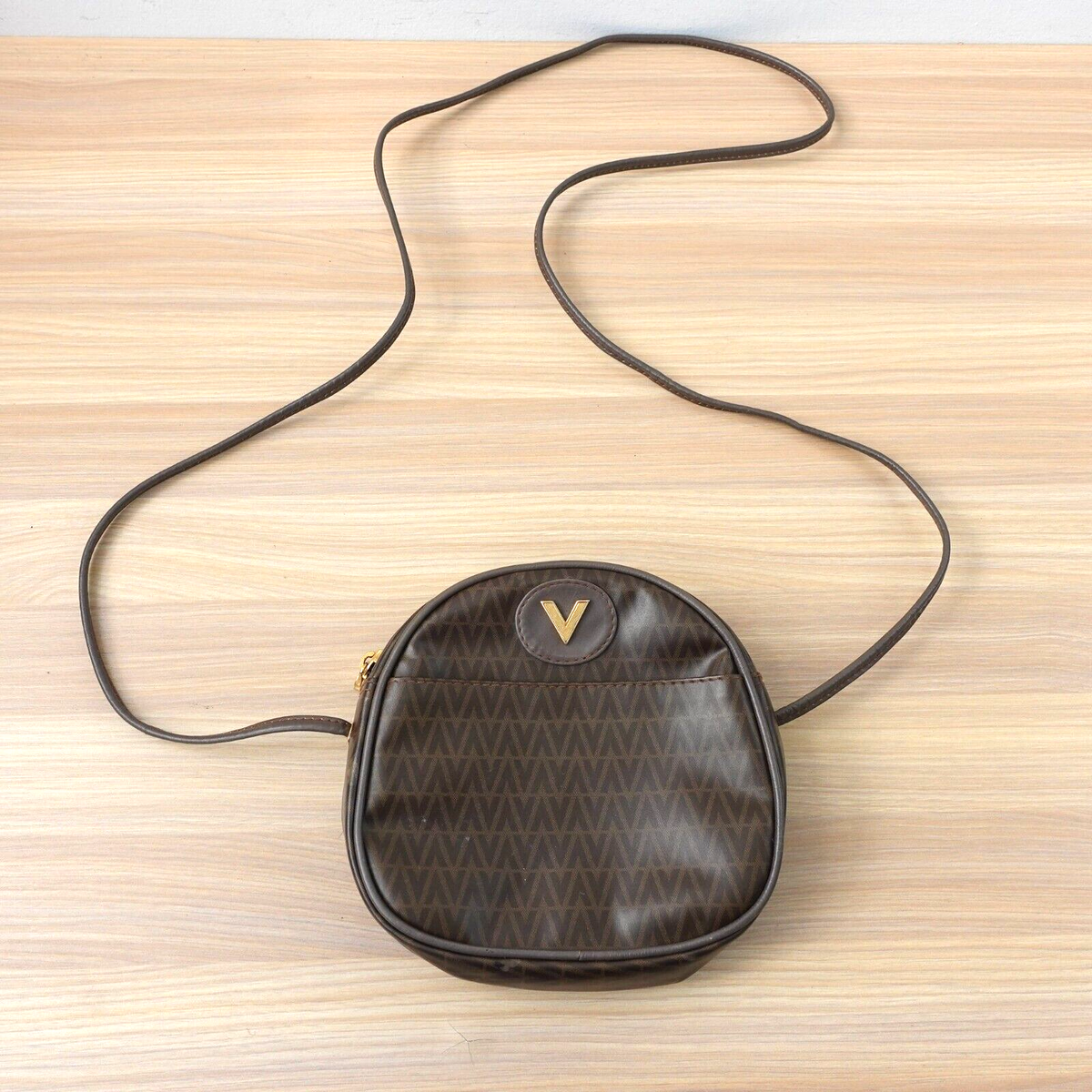 VALENTINO Bag Small Purse Brown Crossbody V Logo Sling PVC MARIO