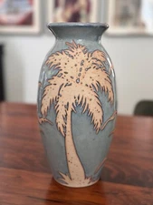 DMW Don Williams Pottery Florida Palm Trees Birds Large 10.5” Vase Studio Beach