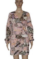 Guess Printed Lace Up Smocked Ruffle Pleated Tiered Long Sleeve Tunic Dress S