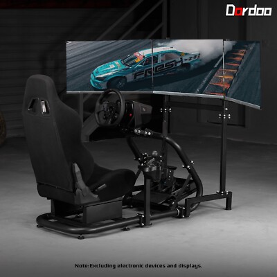 Dardoo Racing Sim Cockpit With Triple Monitor Stand & Black Seat Fits For G923