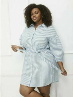 ELOQUII Elements Shirt Dress Woman's Plus Size 14W, Striped Puff Sleeves --K6--