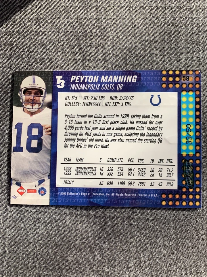 Peyton Manning #59 Holo Rojo /50 borde de coleccionista T3 2000 Foto 3 de 3