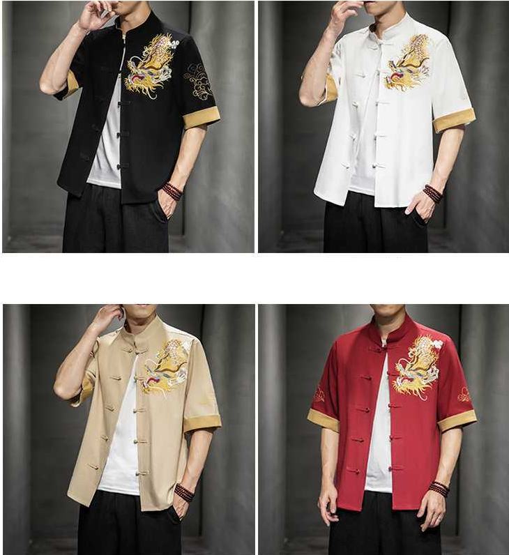 Men's Cotton blend Shirts Chinese Style Tang Suit dragon buckle Embroidered tops