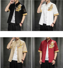 Men's Cotton blend Shirts Chinese Style Tang Suit dragon buckle Embroidered tops